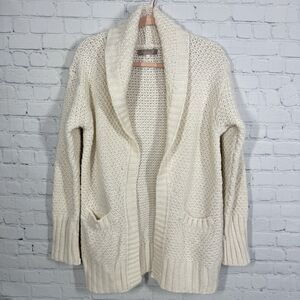Wool Cardigan Women Medium Ivory Long Cable Knit Open Front Cottage Sweater